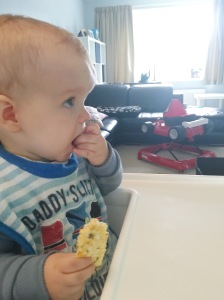 Eating the crackers with egg. Until this point Austin has always completely refused anything egg-based